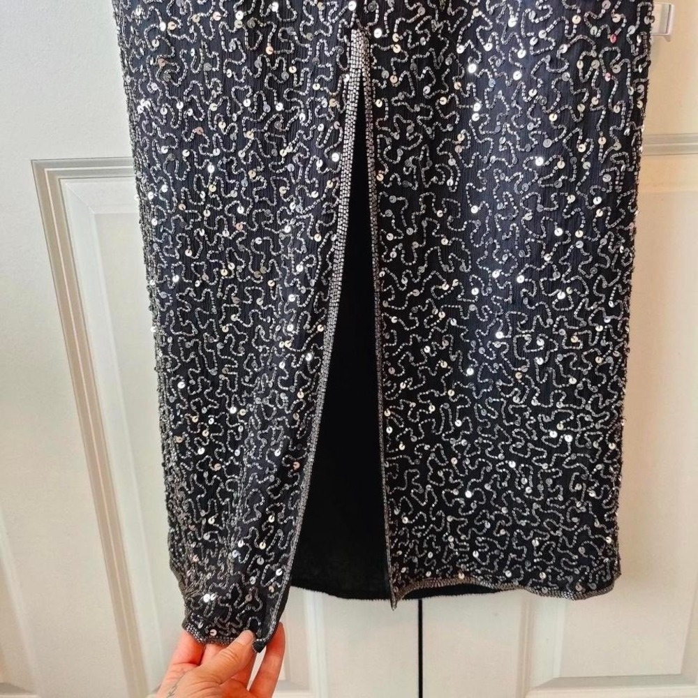 Vintage 80s Laurence Kazar Silk Beaded Sequin Cocktail Party Dress Midi‎ Glam - Picture 4 of 8
